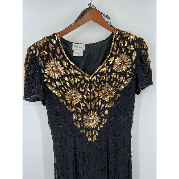 Stenay Vintage black and gold sequin 100% silk long cocktail dress size 10 - Picture 2 of 7